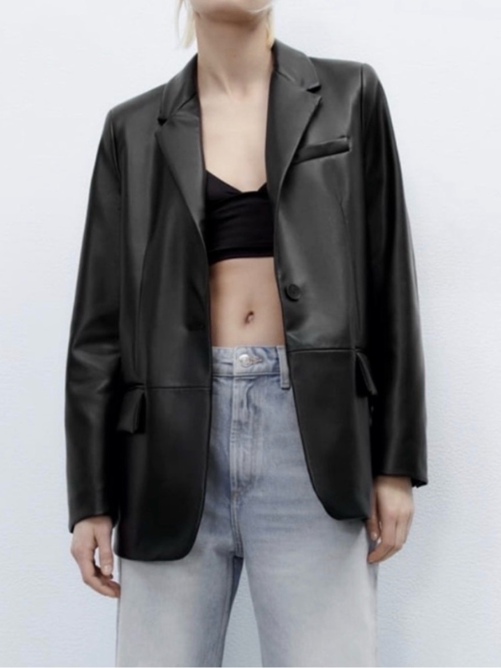 Zara Oversized Black Faux Leather Blazer Jacket